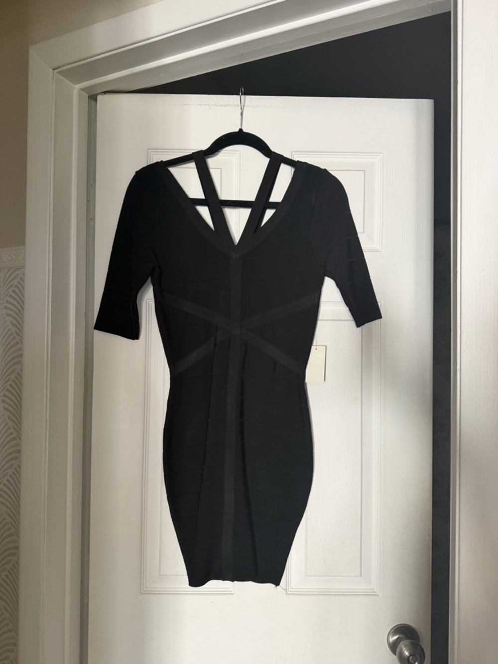 VENUS Black Strappy V-Neck Midi Bodycon Dress